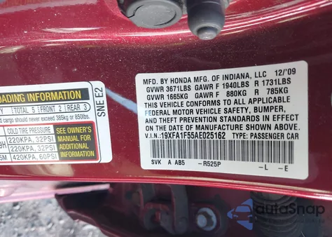 2010 Honda Civic Lx z USA, uszkodzony, nr VIN 19XFA1F55AE025162